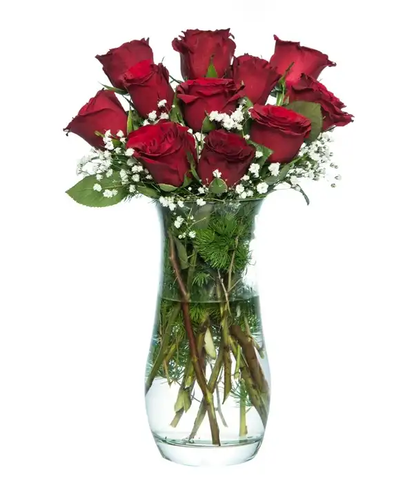 11 Kırmızı Gül Cam Vazoda