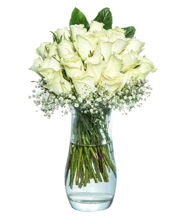 25 Beyaz Gül Cam Vazoda